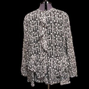 CHICO’S WOMENS SHEER PEPLUM RUFFLE BLOUSE BLACK WHITE GOLD METALLIC SZ 20